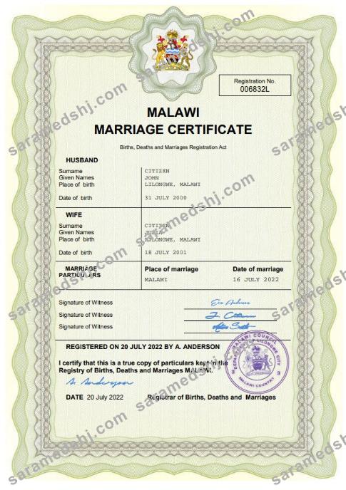 Malawi marriage certificate Word and PDF template